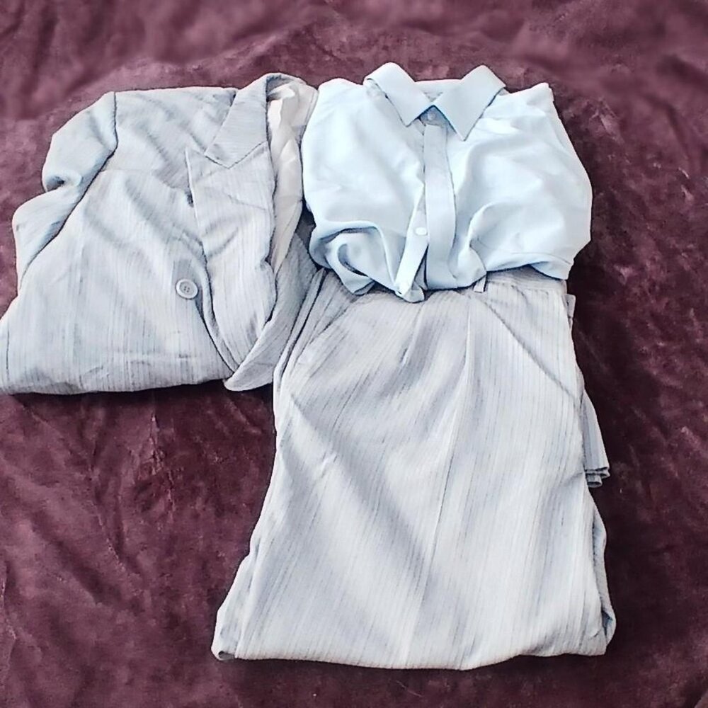 Vintage Tailored Grey and Green Pinstripe Tailored Suit with Silk Shirt.